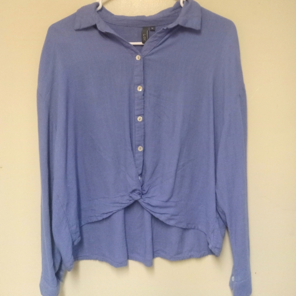 L.O.V Women's Blue Long Sleeve Tie Knot Linen Blend Button Blouse Size M